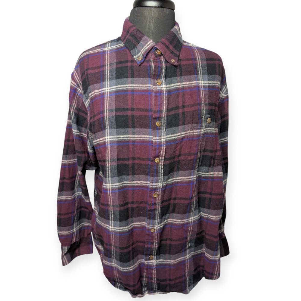 Haggar Men's Casual Long Sleeve Purple Black & White Plaid Flannel Shirt Size XL